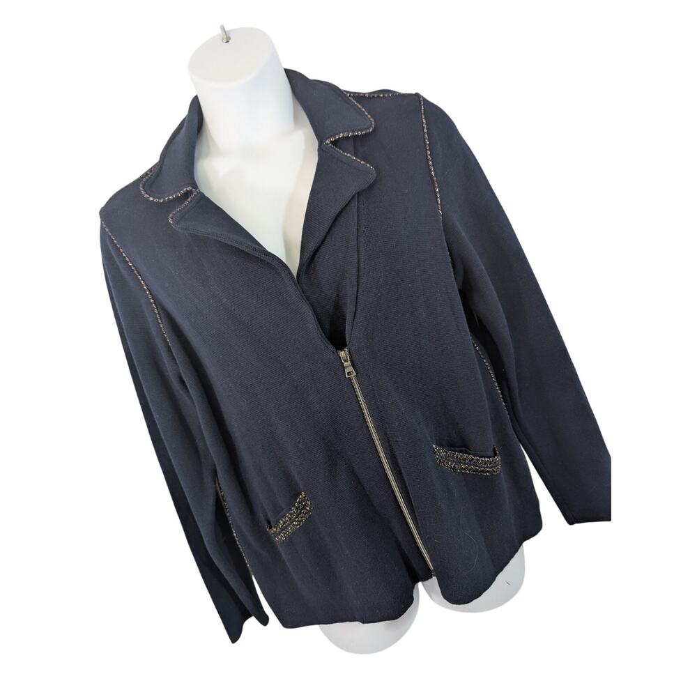 NWT@$119! CHICO'S! NAVY BLUE DENSELY KNIT ZIPPER CARDIGAN SWEATER, GOLD TRIM! 16
